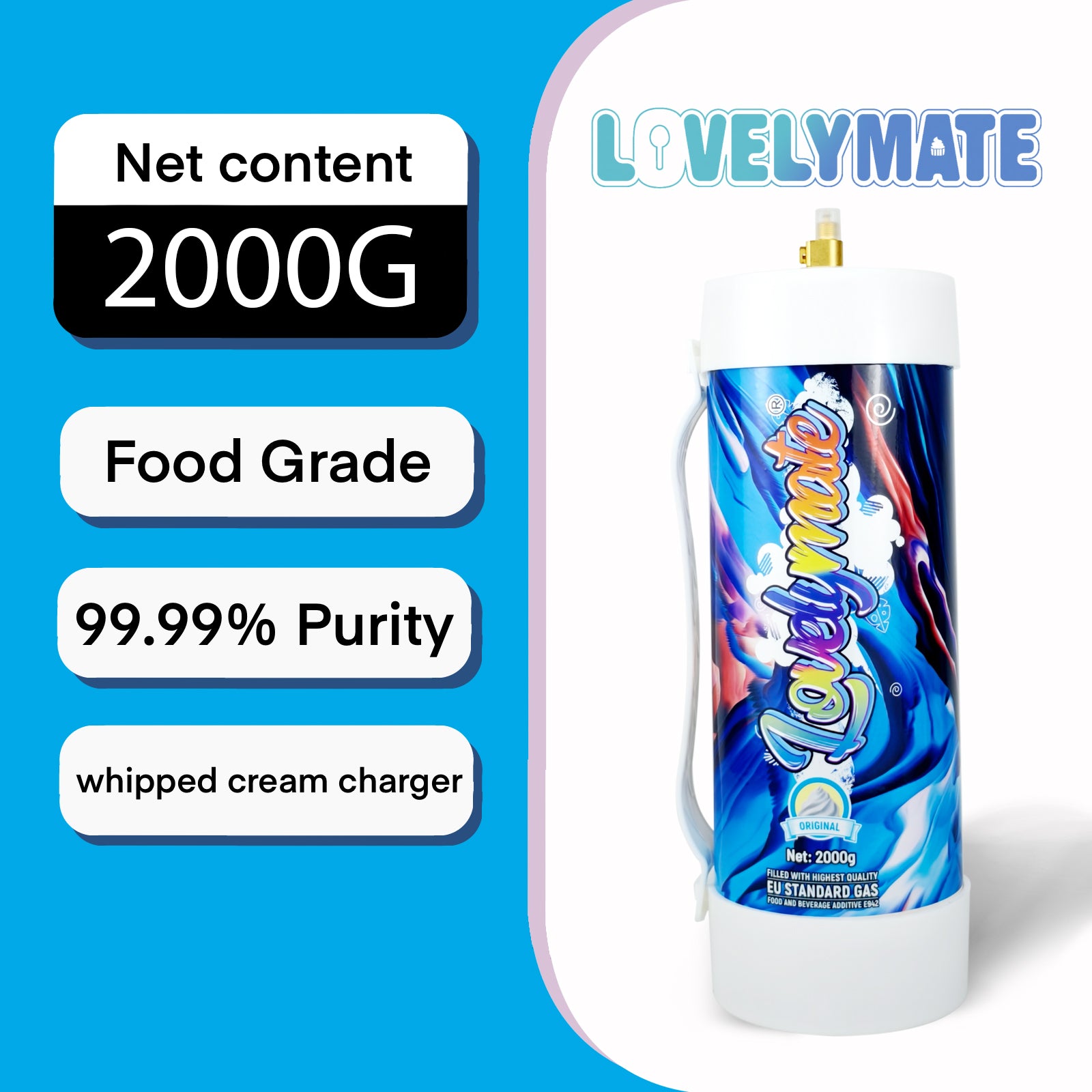 Lovelymate Whipped Cream Charger  3.1L/2000g Tanks Food Grade Tanks Unflavored, Nitrous Oxide Whipped Cream, N2O Gas Whip Cream Charger