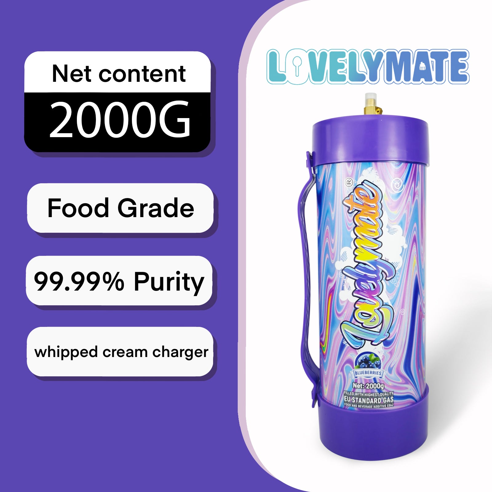 Lovelymate Whipped Cream Charger 3.1L/2000g Food Grade Tanks(Blueberries Flavor), Whipped Nitrous Oxide Cream Charger