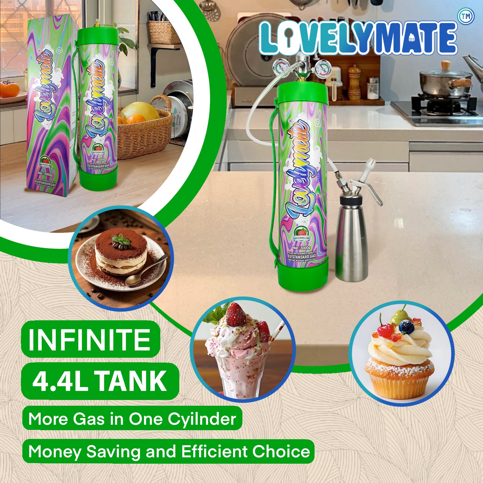 Lovelymate 4.4L/3000g Tanks Food Grade Tanks (Watermelon Flavor) Nitrous Oxide for Perfect Whipped Cream, Cream Charger
