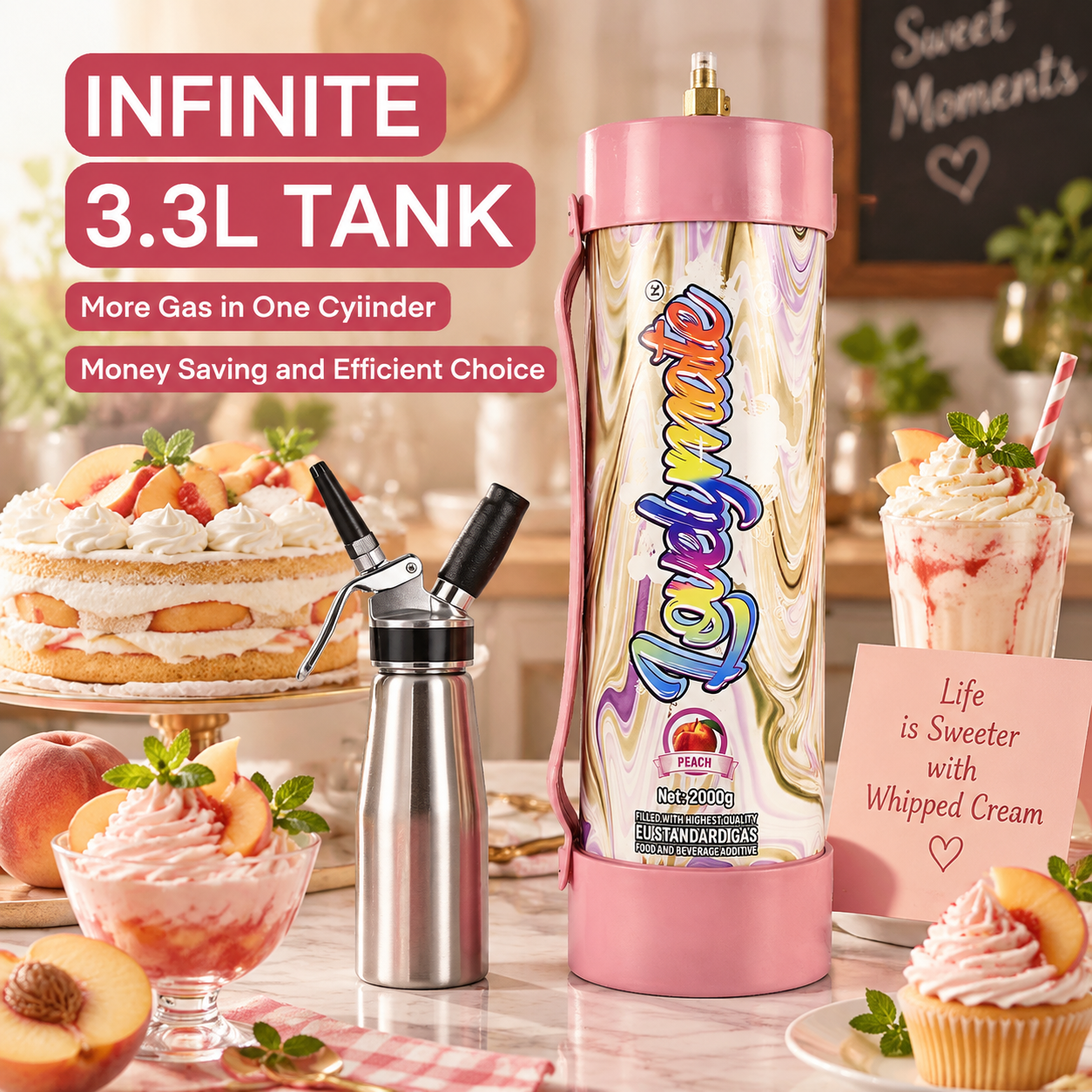 Lovelymate 2000g / 3.1L N2O Cream Charger Tank – Peach