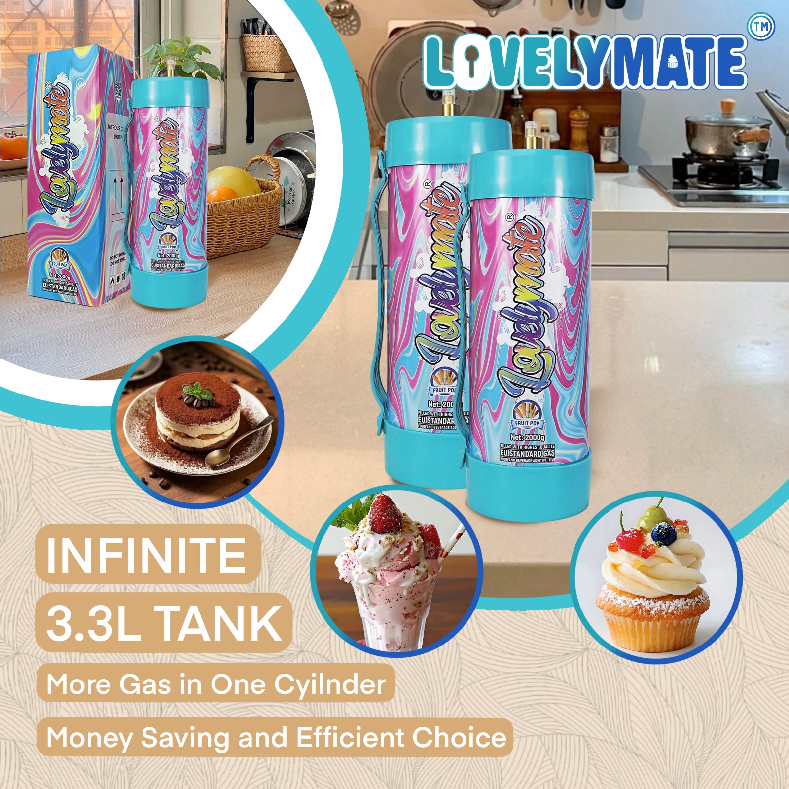 Lovelymate Whipped Cream Charger 3.1L/2000g Food Grade Tanks(Fruit Pop Flavor), Whipped Nitrous Oxide Cream Charger