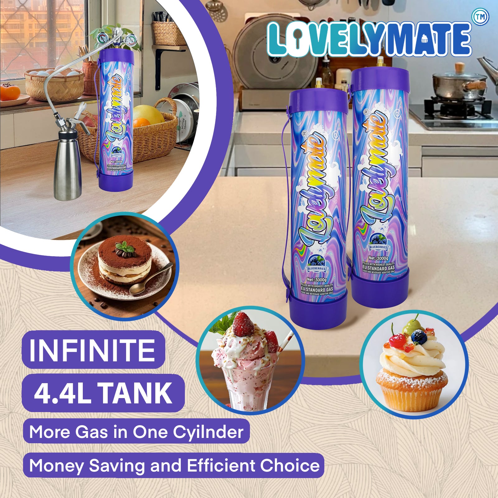Lovelymate 4.4L/3000g Tanks Food Grade Tanks (Buleberries Flavor) Nitrous Oxide for Perfect Whipped Cream, Cream Charger