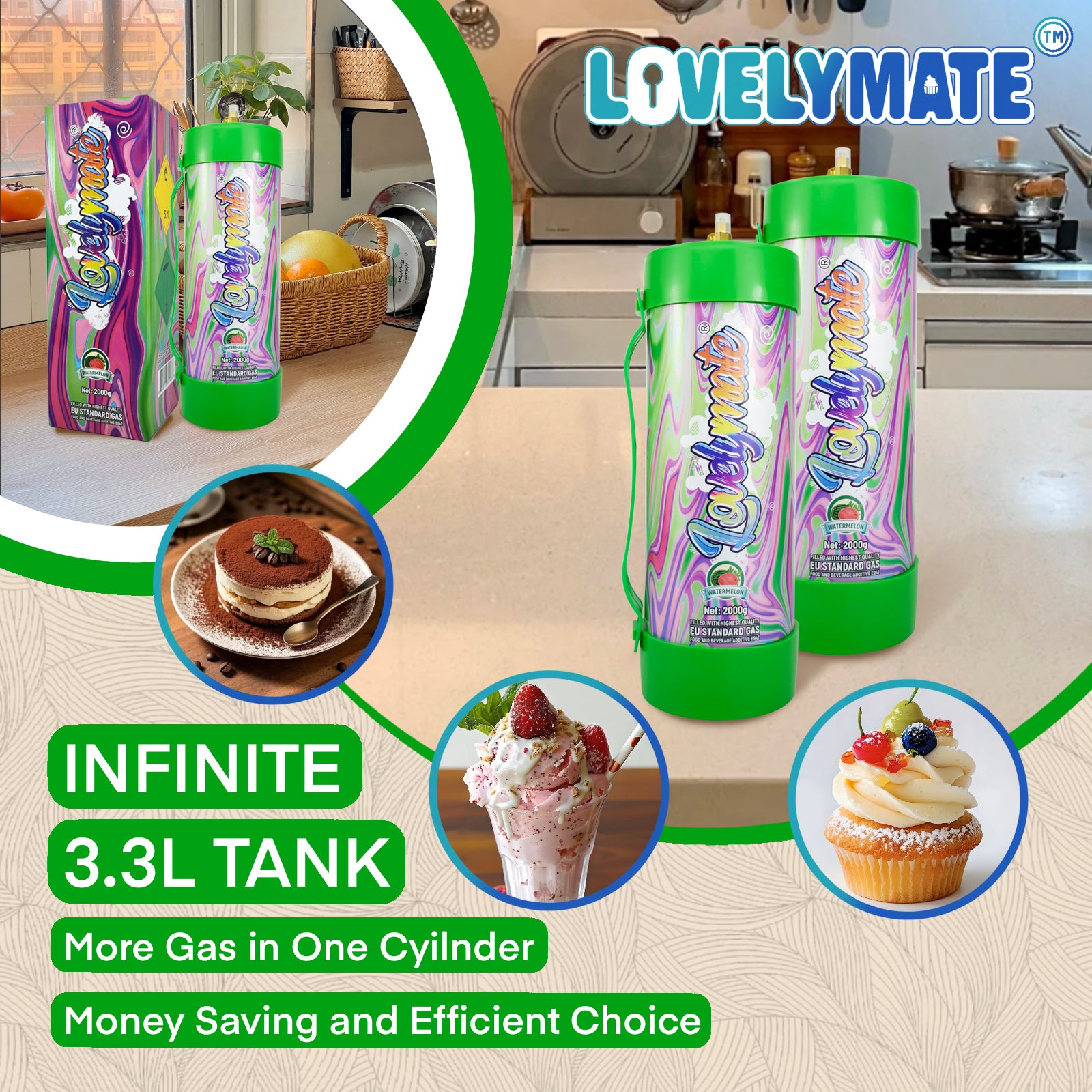 Lovelymate Whipped Cream Charger 3.1L/2000g Food Grade Tanks(Watermelon Flavor), Whipped Nitrous Oxide Cream Charger