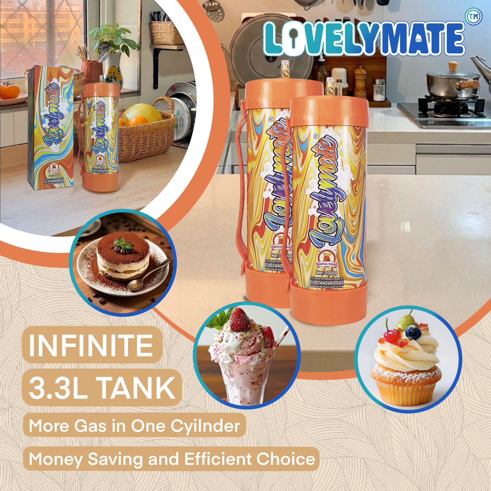 Lovelymate Whipped Cream Charger 3.1L/2000g Food Grade Tanks(Tropical Punch  Candy Flavor), Whipped Nitrous Oxide Cream Charger