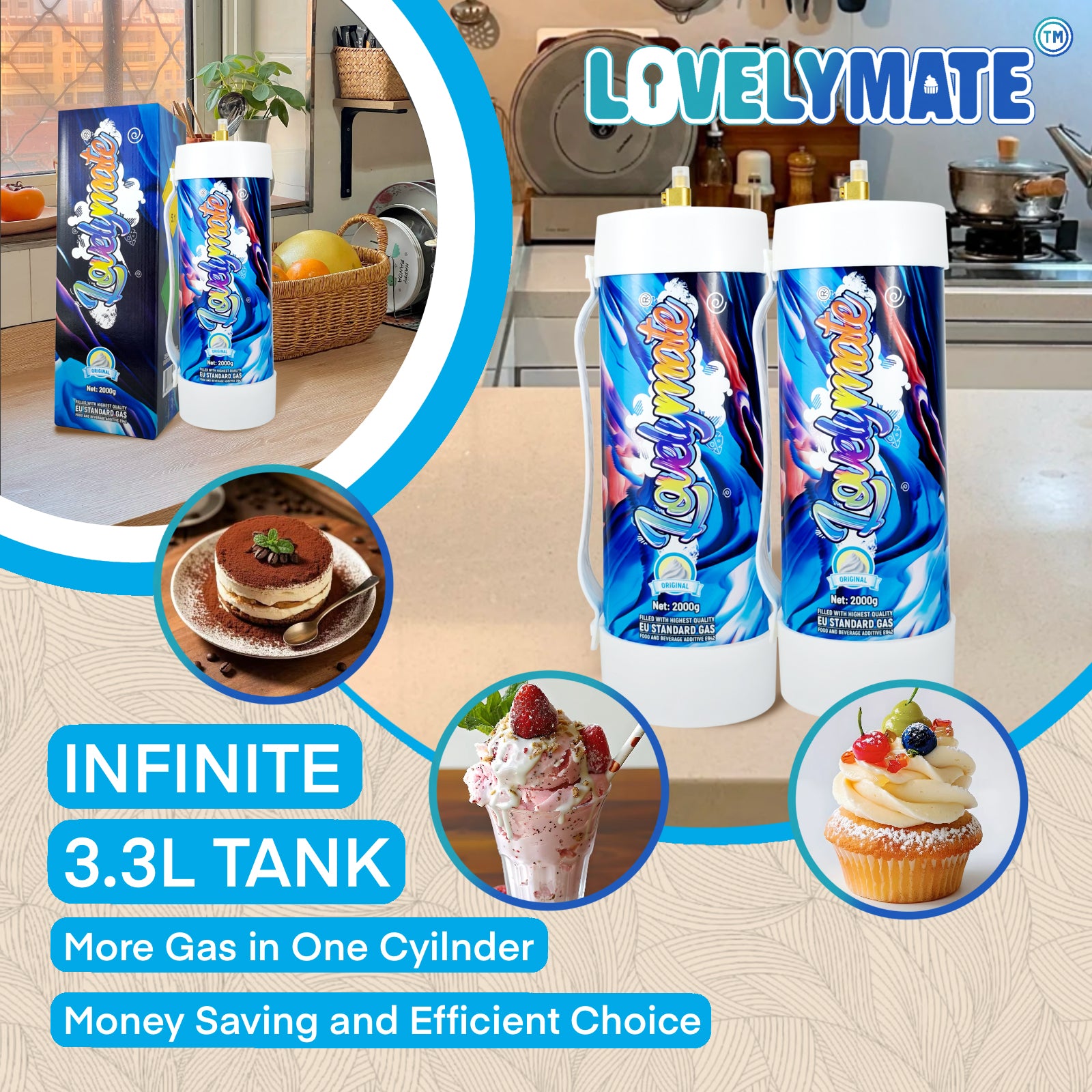 Lovelymate Whipped Cream Charger  3.1L/2000g Tanks Food Grade Tanks Unflavored, Nitrous Oxide Whipped Cream, N2O Gas Whip Cream Charger