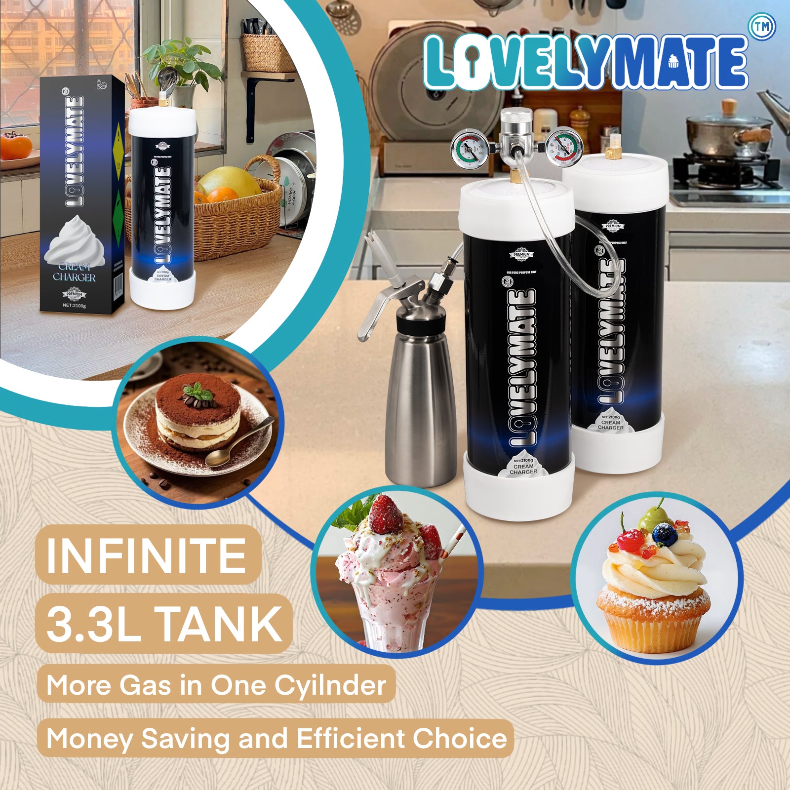Lovelymate Whipped Cream Charger  3.1L/2100g Tanks Food Grade Tanks Unflavored, Nitrous Oxide Whipped Cream, N2O Gas Whip Cream Charger