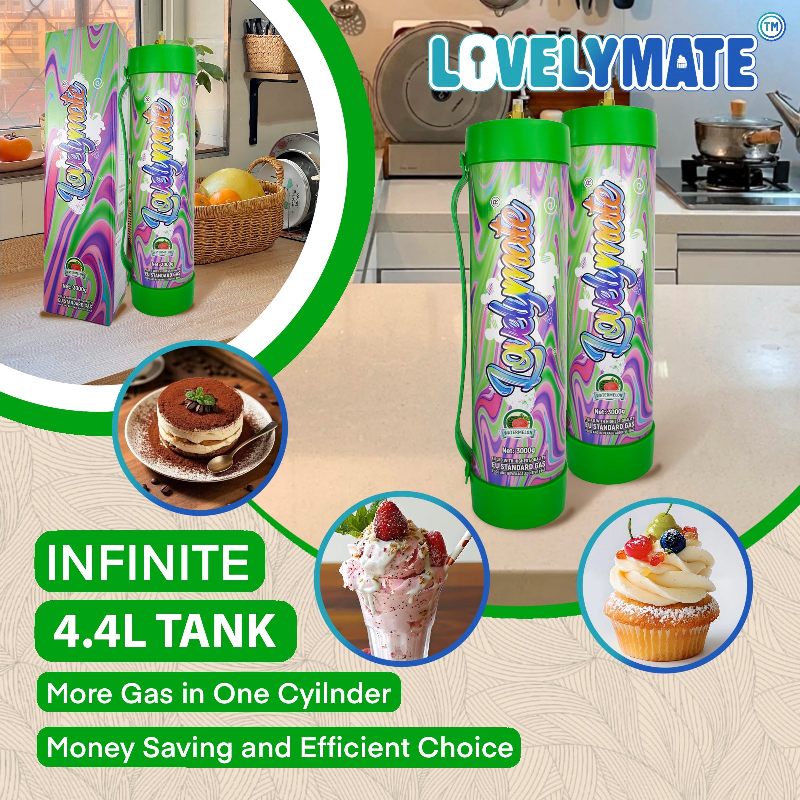 Lovelymate 4.4L/3000g Tanks Food Grade Tanks (Watermelon Flavor) Nitrous Oxide for Perfect Whipped Cream, Cream Charger