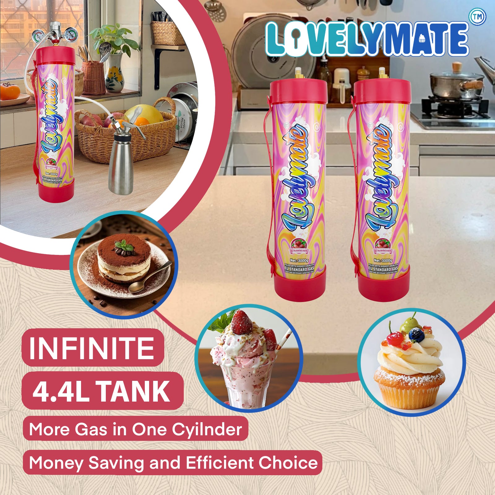Lovelymate 4.4L/3000g Tanks Food Grade Tanks (Strawberry Flavor) Nitrous Oxide for Perfect Whipped Cream, N2O Gas Whip Cream Charger
