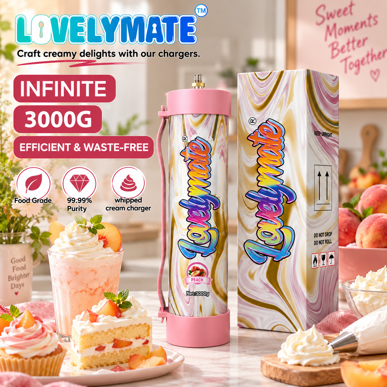 Lovelymate 3000g / 4.4L N2O Cream Charger Tank – Peach