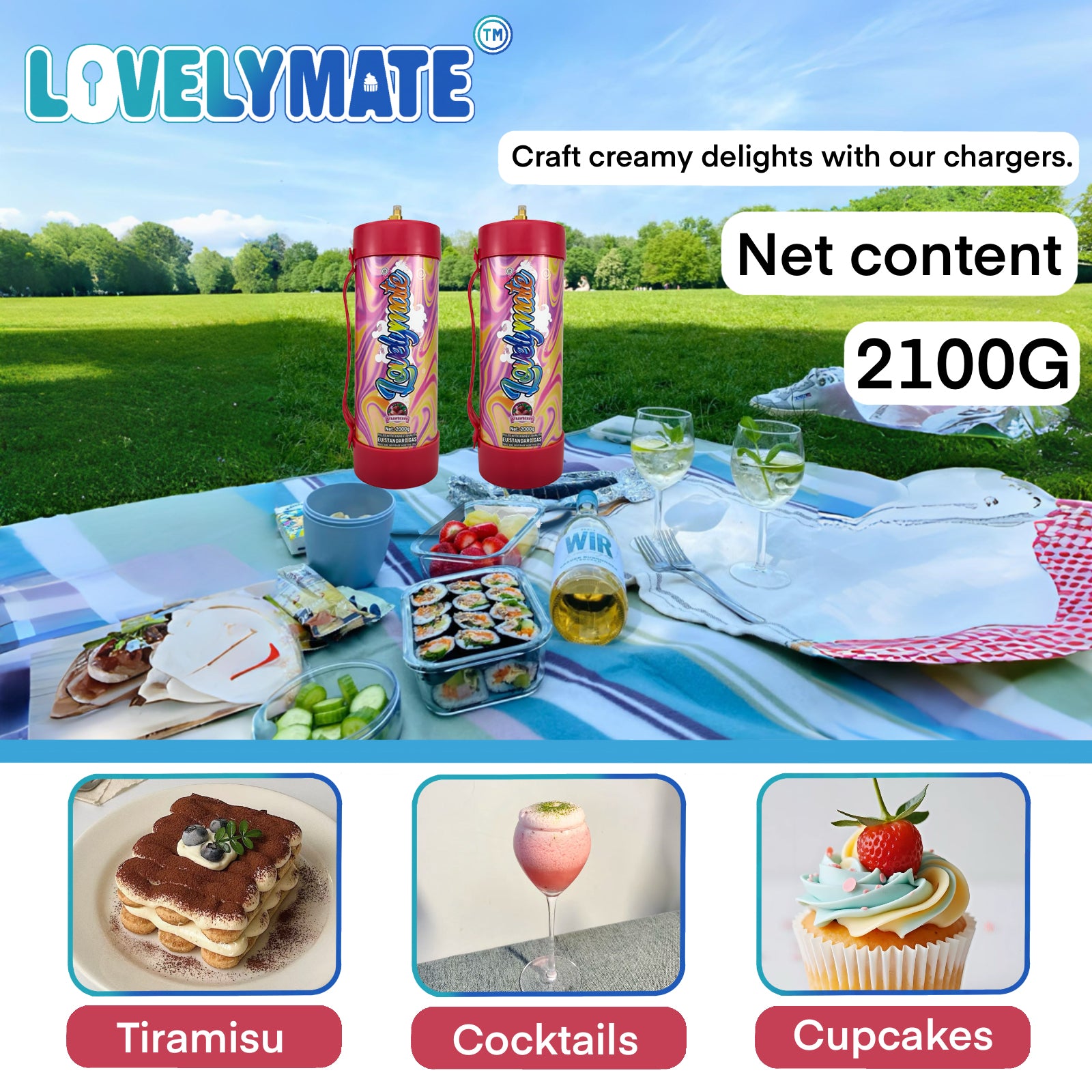 Lovelymate Whipped Cream Charger 3.1L/2000g Food Grade Tanks(Strawberry Flavor), Whipped Nitrous Oxide Cream Charger