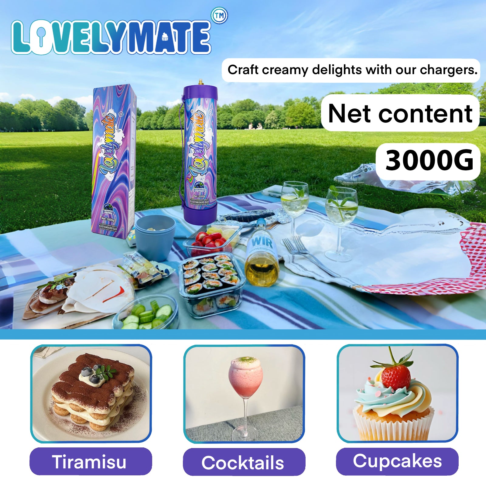 Lovelymate 4.4L/3000g Tanks Food Grade Tanks (Buleberries Flavor) Nitrous Oxide for Perfect Whipped Cream, Cream Charger