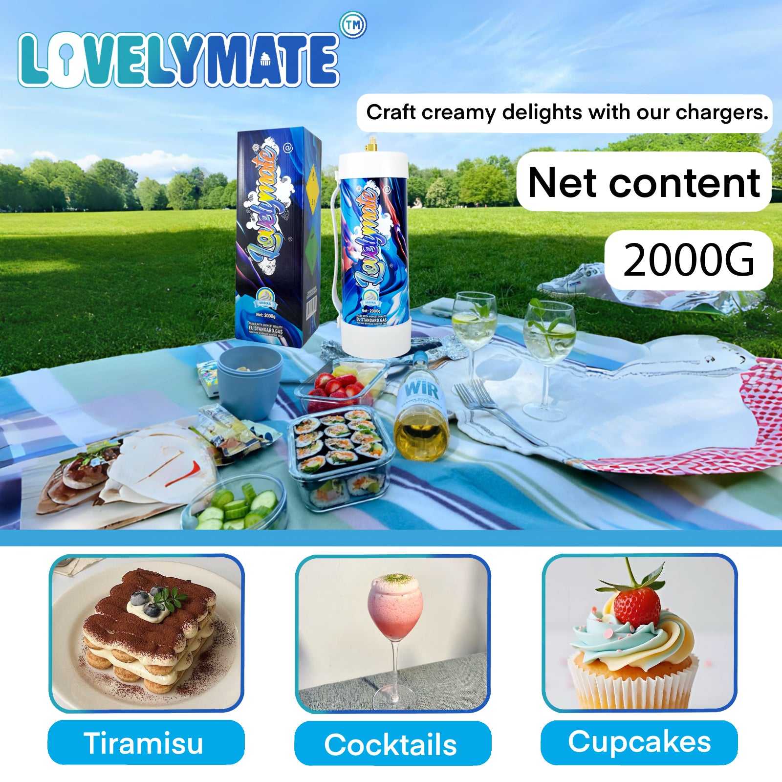 Lovelymate Whipped Cream Charger  3.1L/2000g Tanks Food Grade Tanks Unflavored, Nitrous Oxide Whipped Cream, N2O Gas Whip Cream Charger