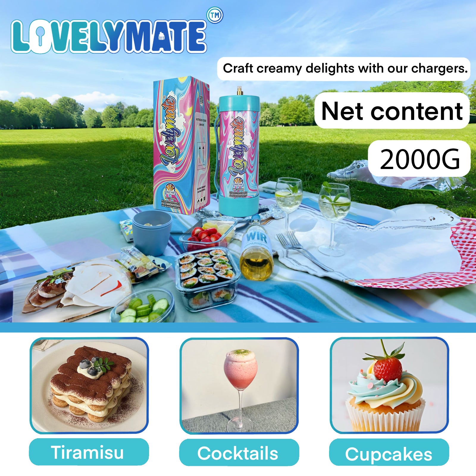 Lovelymate Whipped Cream Charger 3.1L/2000g Food Grade Tanks(Fruit Pop Flavor), Whipped Nitrous Oxide Cream Charger