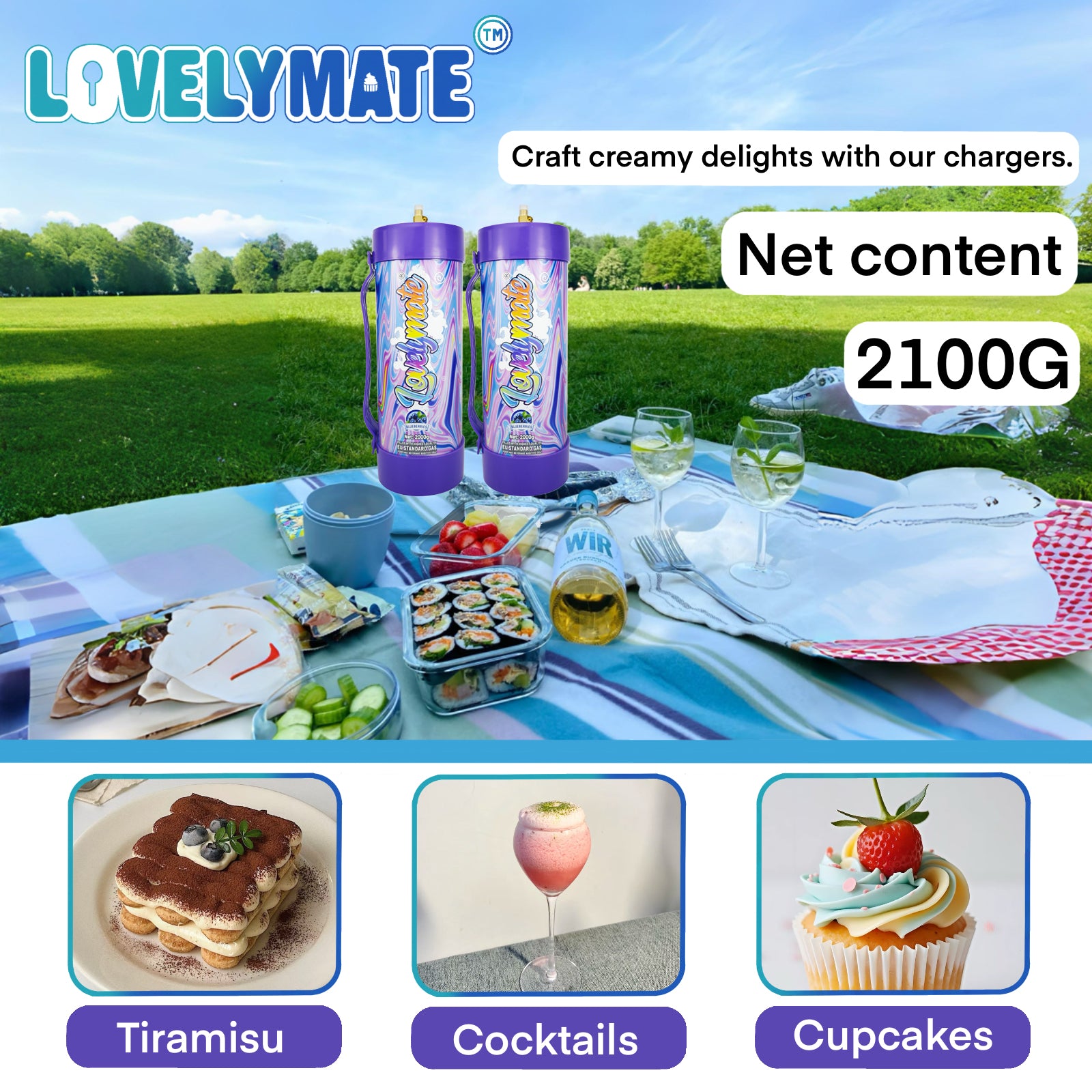 Lovelymate Whipped Cream Charger 3.1L/2000g Food Grade Tanks(Blueberries Flavor), Whipped Nitrous Oxide Cream Charger