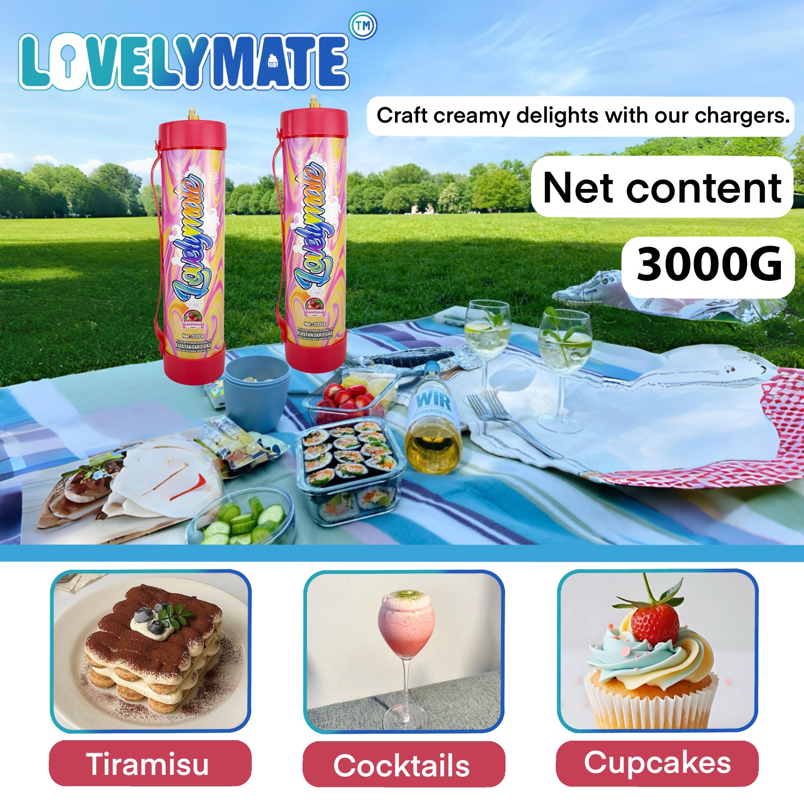 Lovelymate 4.4L/3000g Tanks Food Grade Tanks (Strawberry Flavor) Nitrous Oxide for Perfect Whipped Cream, N2O Gas Whip Cream Charger