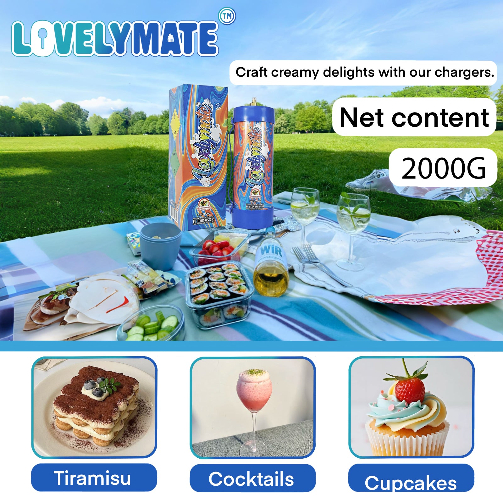 Lovelymate Whipped Cream Charger 3.1L/2000g Food Grade Tanks(Rainbow Candy Flavor), Whipped Nitrous Oxide Cream Charger