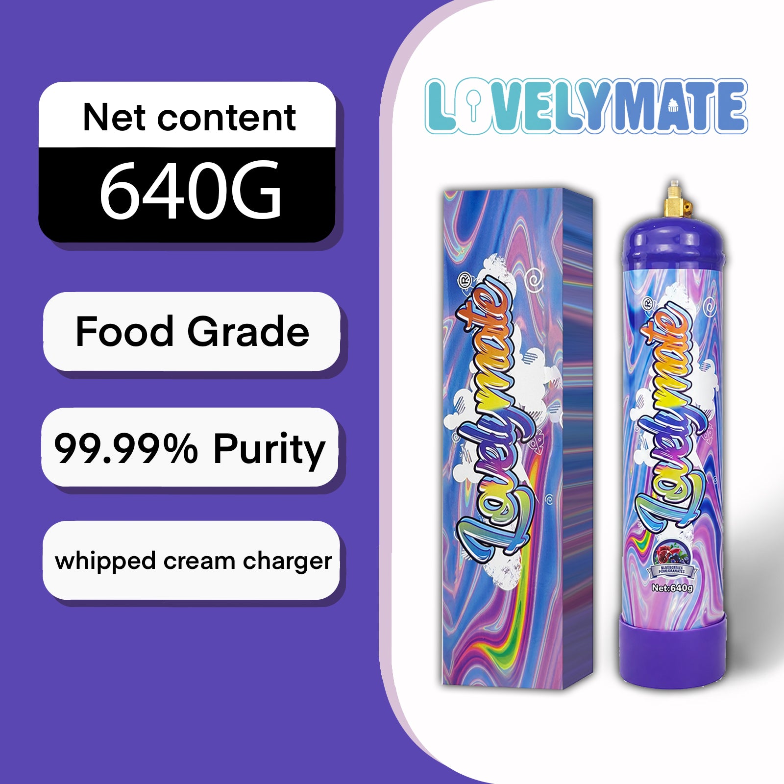 Lovelymate Whip Cream Charger 1L/640g Food Grade Tanks Unflavored, Buleberries Flavor Nitrous Oxide Tanks