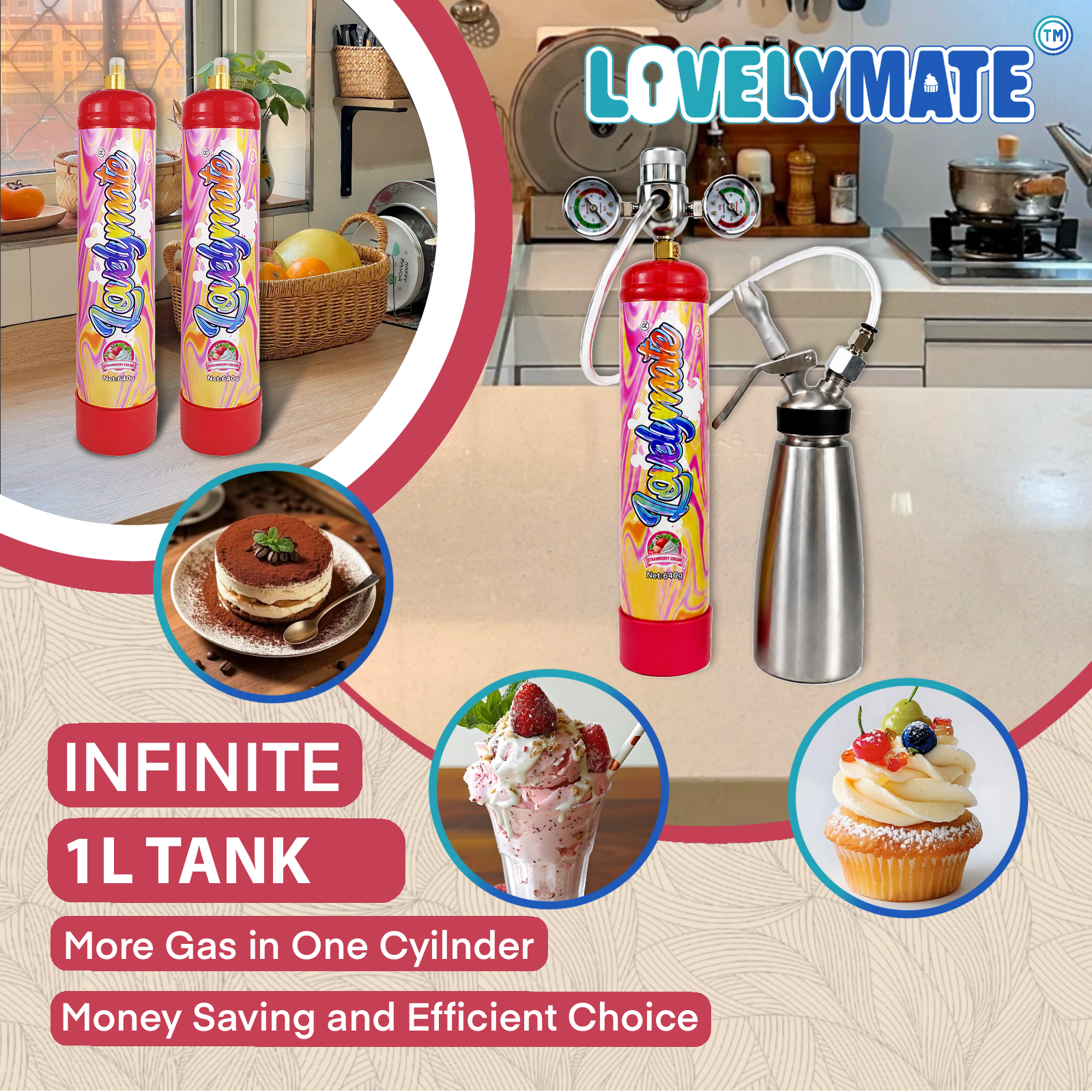 Lovelymate Whip Cream Charger 1L/640g Food Grade Tanks Unflavored, Strawberry Flavor Nitrous Oxide Tanks