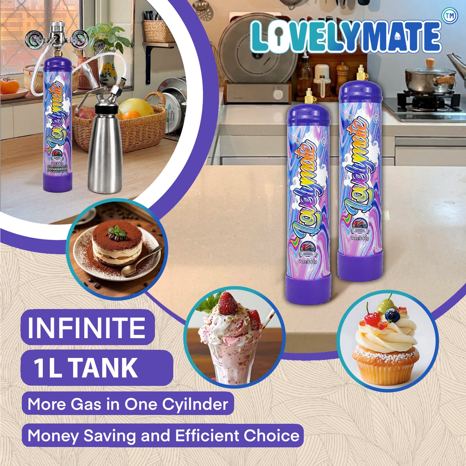 Lovelymate Whip Cream Charger 1L/640g Food Grade Tanks Unflavored, Buleberries Flavor Nitrous Oxide Tanks