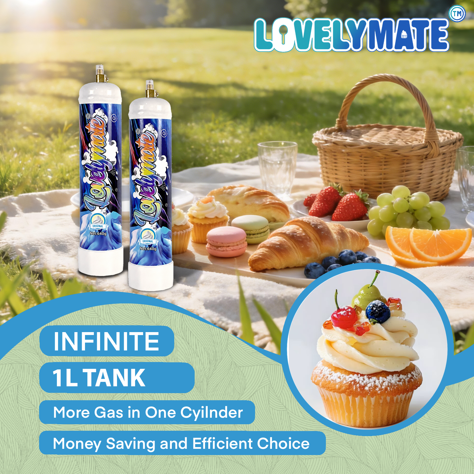 Lovelymate Whip Cream Charger 1L/640g Food Grade Tanks Unflavored, Original Flavor Nitrous Oxide Tanks