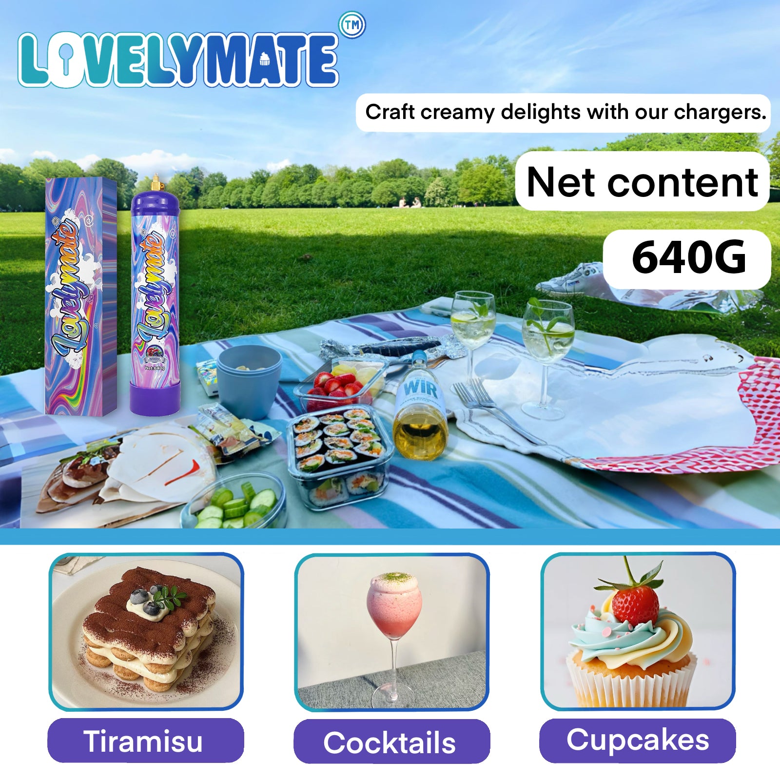 Lovelymate Whip Cream Charger 1L/640g Food Grade Tanks Unflavored, Buleberries Flavor Nitrous Oxide Tanks