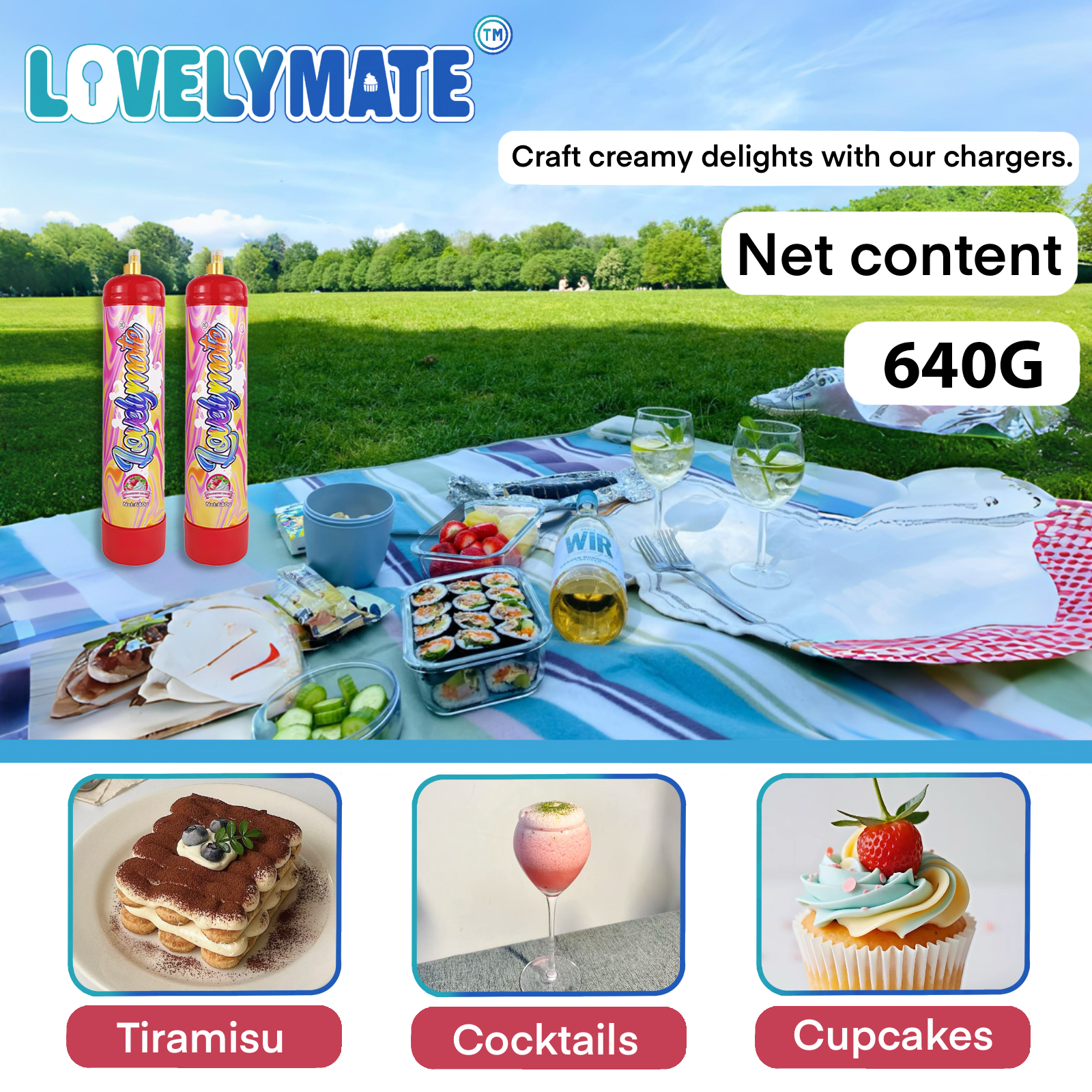 Lovelymate Whip Cream Charger 1L/640g Food Grade Tanks Unflavored, Strawberry Flavor Nitrous Oxide Tanks