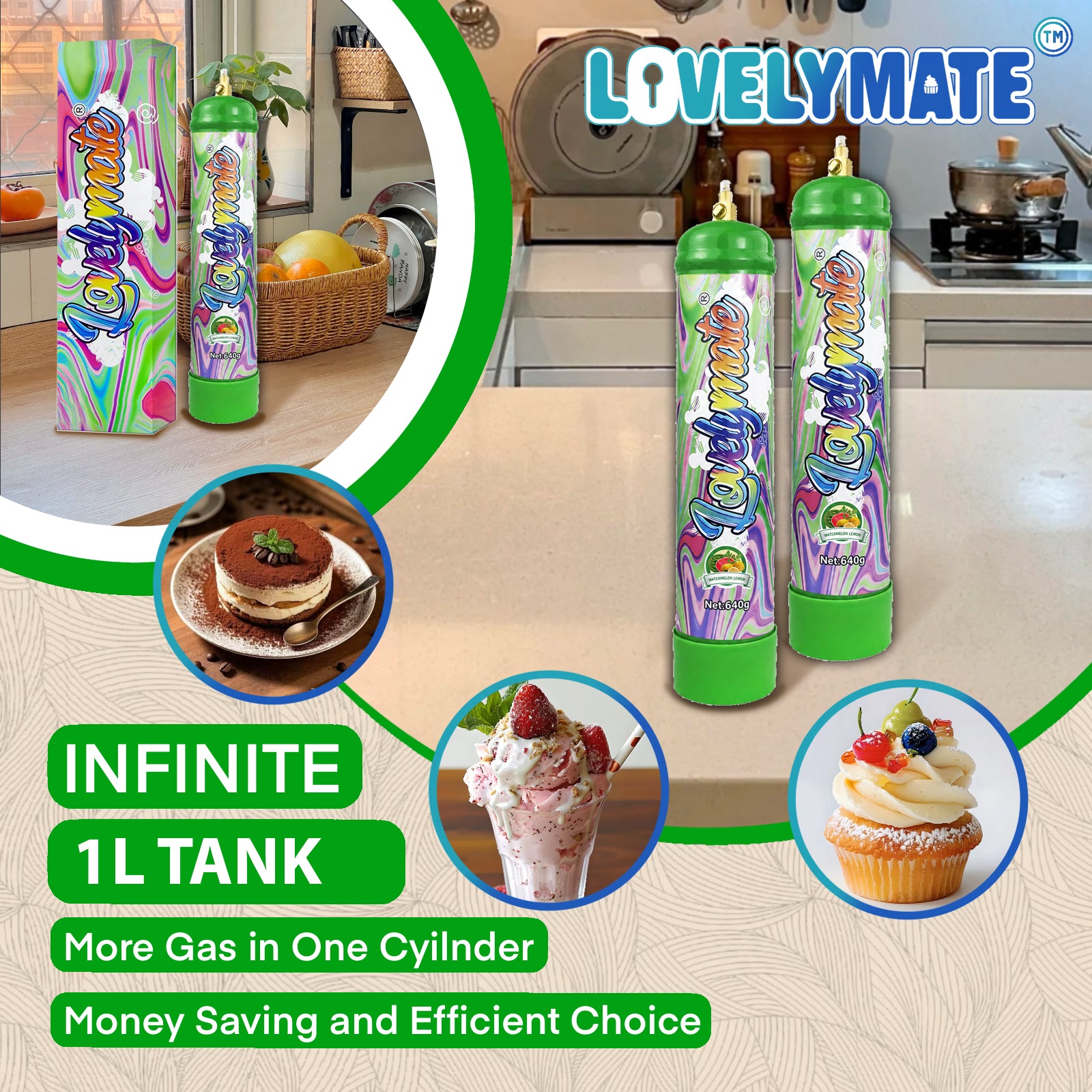 Lovelymate Whip Cream Charger 1L/640g Food Grade Tanks Unflavored, Watermelon Flavor Nitrous Oxide Tanks