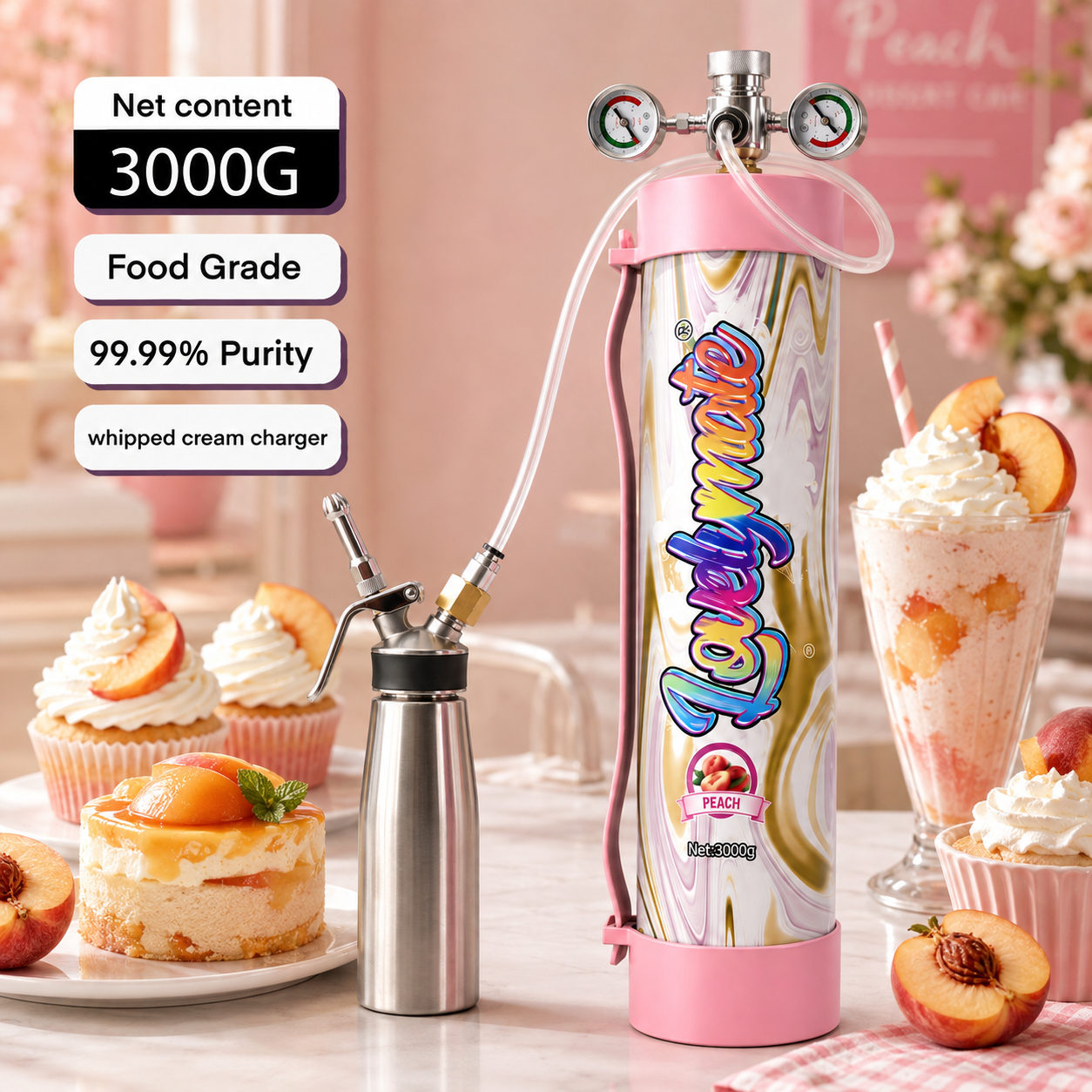 Lovelymate 3000g / 4.4L N2O Cream Charger Tank – Peach